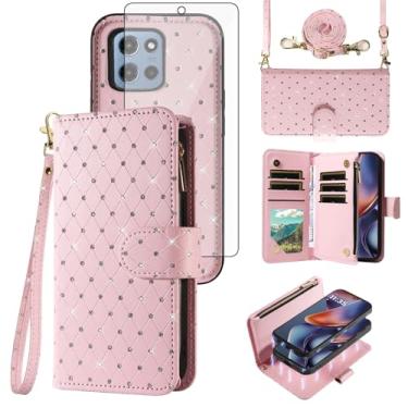 Imagem de Asuwish Capa de celular para Motorola Moto G 5G 2025 com zíper carteira magnética destacável com protetor de tela, alça transversal com cordão de glitter, compartimentos para cartão G5G 5 G G5