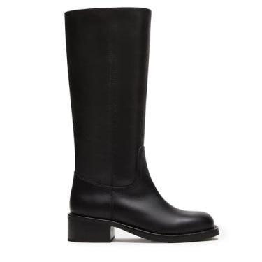 Imagem de Gothictor Botas femininas de cano alto banana bico quadrado salto grosso confortável salto baixo puxar na panturrilha larga botas longas para mulheres, Banana_preta, 7.5 Wide