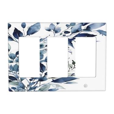 Imagem de BHGAHD Capas de tomada decorativas com design de folhas de eucalipto azul rústico placa de parede de 3 gangues capa de interruptor de luz tripla capa de interruptor GFCI placa frontal para quarto e
