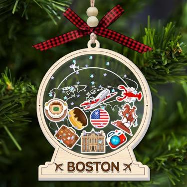 Imagem de Enfeite de coqueteleira Boston, lembrança de viagem de acrílico de 3 camadas, enfeite de batido de neve brilhante com ícones de Boston decoração de árvore de Natal pendurada, presente de viagem para