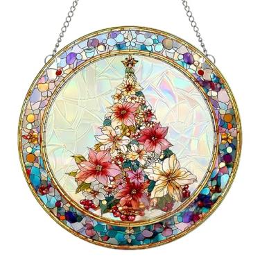 Imagem de Zovylks Protetor solar de acrílico de Natal, enfeite deslumbrante de acrílico para pendurar na janela, boneco de neve com flores e árvore de Natal, decoração clássica de pássaro cardeal para ano novo