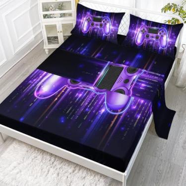 Imagem de Smell Sunshine Jogo de lençol solteiro com estampa de console de jogos de ritmo roxo, 4 peças, para adolescentes, meninos, meninas, com 1 lençol de cima e 1 lençol com elástico + 2 fronhas (solteiro