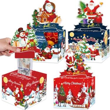 Imagem de Meiidoshine Presentes de festa de Natal, pacote com 4 caixas de dinheiro de Natal para puxar dinheiro, porta-dinheiro surpresa com 400 unidades de sacos transparentes, caixa de dinheiro divertida faça