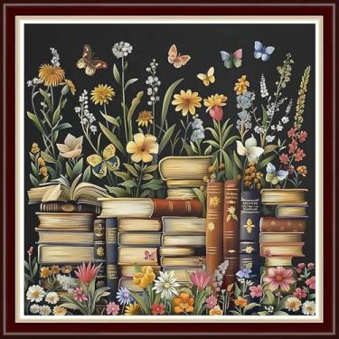 Imagem de Joyhoor Kits de ponto cruz para iniciantes carimbados suprimentos de ponto cruz kits de bordado pré-impressão para adultos kit de bordado DIY padrões de bordado 11CT-livros de flores 45,7 x 45,7 cm