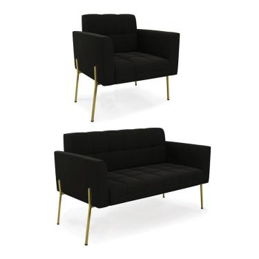 Imagem de Sofá Namoradeira E Poltrona Pé De Ferro Dourado Elisa Suede D03 - D'rossi Cor Preto