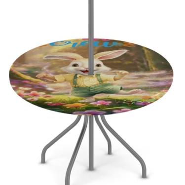 Imagem de hongjinglin Toalha de mesa de Páscoa para uso ao ar livre com orifício para guarda-chuva, toalha de mesa redonda elástica com zíper, impermeável, limpável, para piquenique, festa, pátio, serve para