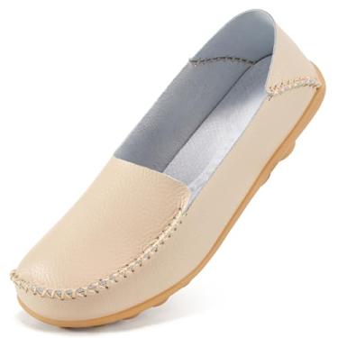 Imagem de Ecetana Mocassins femininos confortáveis sem cadarço, casuais, modernos, leves, bico redondo, para dirigir, sapatos de barco, Bege, 36