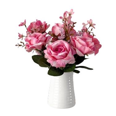 Imagem de LZTDRZH Arranjo de rosas artificiais em vaso de cerâmica branca, flores de seda rosa com folhagem, 25 cm de altura, estilo contemporâneo moderno para casa, escritório, decoração de casamento