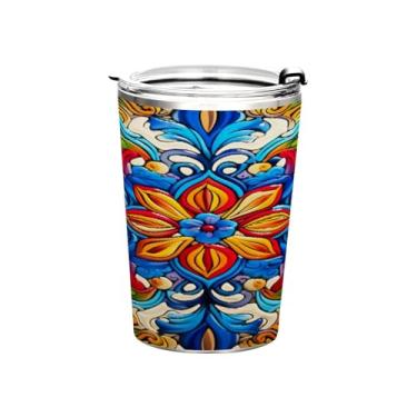 Imagem de Blueangle Copo de 340 g com tampa e canudo, copo de café com água isolada a vácuo de aço inoxidável, caneca térmica de cerâmica mexicana para bebidas quentes e frias (162)