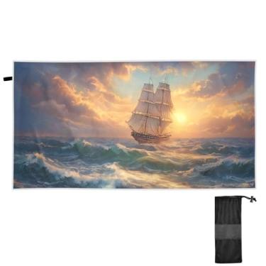 Imagem de ATTX Toalha de praia com pintura a óleo de barco à vela 76 x 152 cm - Cobertor de microfibra leve de secagem rápida e resistente à areia para piscina, ioga, academia e viagens | Esportes de banho de