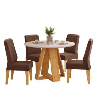 Imagem de Conjunto Sala De Jantar 4 Cadeiras Tampo Redondo Com Vidro Kiara Cedro Off White Yasmin Veludo Moca - Dj Móveis