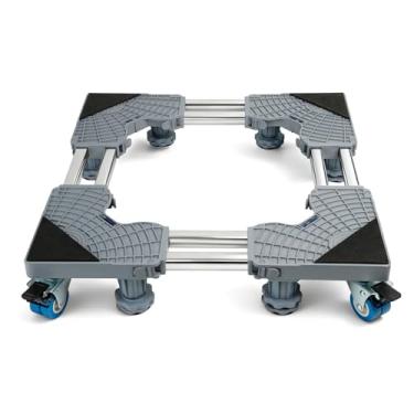 Imagem de Base móvel com 4 rodas de bloqueio e 8 pés fortes de 71 a 90 cm, carrinho de móveis resistentes para lavadora, mini geladeira e secadora, suporte ajustável para mini geladeira e suporte de máquina de