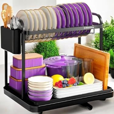 Imagem de KLEMING| Escorredores de Louças de Aço Carbono Inoxidável, Resistente à Ferrugem, Escorredor de Prato, Pratos, para Bancada de Cozinha com Bandeja Drenagem automática, Preto.