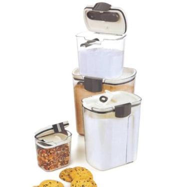Imagem de Kit 4 Potes Herméticos de Plástico, Tampa Branca, Transparente, Inclui Mini Dispenser, Açucareiro, Porta Grãos e Multi Dispenser, 1.047kg