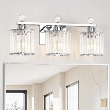 Imagem de Luminária de banheiro de cristal moderna, luminárias de banheiro com 3 luzes, luminárias cromadas sobre espelho, lâmpadas de parede vintage de banheiro luminárias de parede de cristal para banheiro
