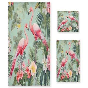 Imagem de xigua Flamingos Conjunto de toalhas de banheiro de flores de palmeira absorvente macio 3 peças toalha de banho toalha de mão toalhas decorativas para banheiro, academia, hotel, praia, piscina
