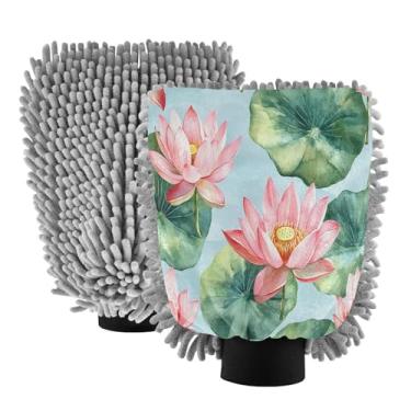 Imagem de STAYTOP Lindas luvas de lavagem de carro de flor de lótus em aquarela, 2 peças, luvas de microfibra de chenille, sem arranhões, panos de esponja de lavagem ultra absorventes para carros, limpeza