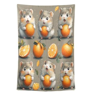 Imagem de STAYTOP Tapeçaria de parede fofa de hamster e laranja para decoração de casa, decoração de dormitório, sala de estar, quarto, tapete de parede (60 × 40 pol)