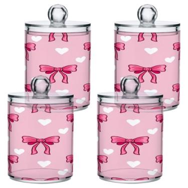Imagem de STAYTOP 4 frascos de boticário com dispensador Qtip para banheiro com etiquetas – Recipiente de armazenamento Qtip de plástico transparente para bola de algodão, cotonete, grão de café - laços rosa