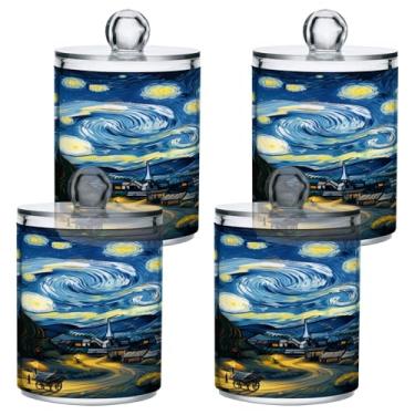 Imagem de STAYTOP 4 frascos de boticário Qtip para banheiro com etiquetas – Recipiente de armazenamento Qtip de plástico transparente acrílico para bola de algodão, cotonete, grão de café - Van Gogh estilo céu