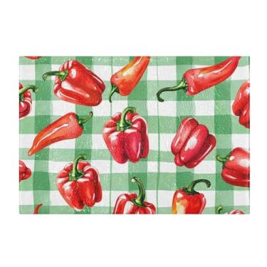 Imagem de Burbuja Tapete de banheiro xadrez com pimentões vermelhos, tapete de banheiro absorvente extra macio com suporte antiderrapante para banheiro, banheira, chuveiro, 41 x 61 cm