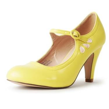 Imagem de J. Adams Sapato feminino Pixie Mary Jane Oxford – salto alto fofo gatinho baixo – sapatos retrô vintage para mulheres anos 1950 Mary Janes sapato de bico redondo com tira no tornozelo – sapatos