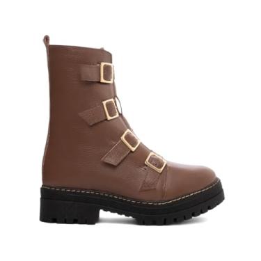 Imagem de BOTA COTURNO SOLA TRATORADA FEMENINO COURO MARROM ZÍPER NA COR MARROM FIVELA DE AJUSTE NA COR DOURADO, NÚMERO 37