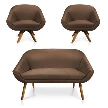 Imagem de Kit 01 Namoradeira 02 Lugares 02 Poltronas Giratória Giovana Suede Base Madeira Mm30 D'rossi Marrom