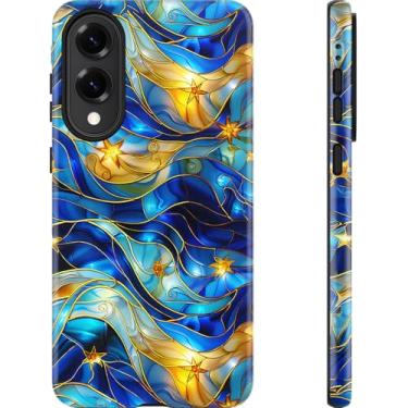 Imagem de Esdot Capa para Samsung Galaxy S25 Edge, estética vintage azul ondas estreladas concha feminina, compatível com Magsafe, capa de telefone moderna exclusiva retrô retrô ocidental protetora fina de