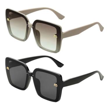 Imagem de HARFINGTON Óculos de sol femininos e masculinos, óculos de sol retrô de policarbonato com proteção solar, Preto e cáqui, Standard