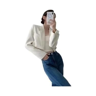 Imagem de Blazer Curto Branco Feminino, Casaco Básico De Manga Longa, Frente Abe