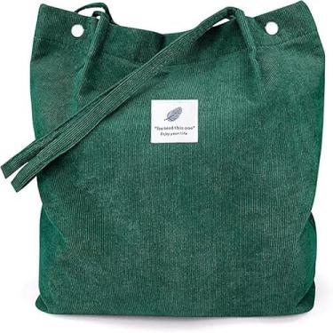 Imagem de Bolsa feminina de veludo cotelê - Bolsa de ombro minimalista elegante com alças duplas, bolsa de lona espaçosa para viagens e uso diário, Verde militar