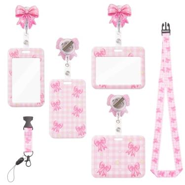 Imagem de DAYUMKOU Conjunto de porta-crachás retráteis com cordões fofos para crachás de identificação, carretéis de crachá ajustáveis de fita rosa para trabalhador, médico, enfermeira, professor, acessórios de