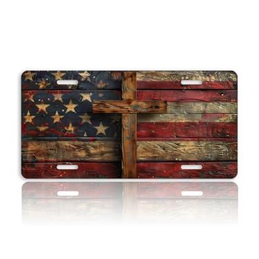 Imagem de Placa de Licença Frontal Vintage Bandeira Americana para Mulheres Cruz de Madeira Placas Decorativas Alumínio Metal Bonito Novidade Capa de Placa de Licença para Homens 15 x 30 cm (4 Furos)