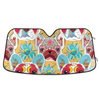 Imagem de Toldo de sol colorido com rostos de buldogue francês para para-brisa de carro engraçado personalizado retrátil automotivo para-brisas guarda-sol animal floral L, 144,8 cm x 80 cm