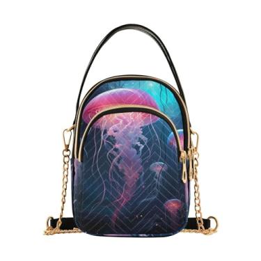Imagem de GAIGEO Bolsa tiracolo feminina azul e dourada natalina, bolsa de ombro com zíper, bolsa transversal de verão, Mar subaquático com água-viva brilhante-1, One Size
