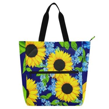 Imagem de Sacola feminina com girassóis amarelos e flores azuis, bolsas de tecido de lona para trabalho, faculdade, escola, média, para amantes de livros, presentes