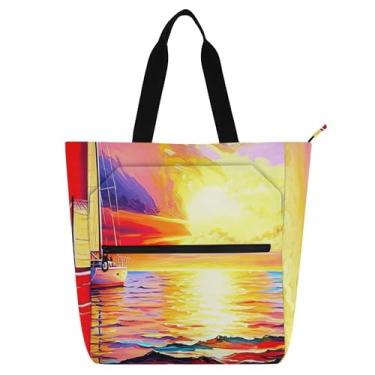 Imagem de GAIGEO Veleiro Mar brilhante cores pôr do sol bolsa de trabalho para mulheres bolsa escolar de lona com zíper bolsas de tecido com compartimentos