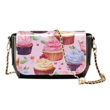 Imagem de GAIGEO Bolsa de ombro feminina de couro de vaca leiteira e garrafa, bolsa de ombro feminina de couro PU, bolsa de ombro de couro para mulheres, Cupcake em aquarela feito à mão - 1, One Size