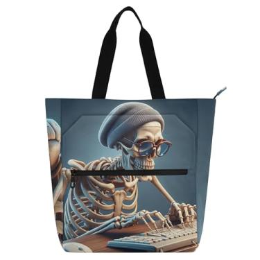 Imagem de Bolsa de trabalho divertida para programador esqueleto para mulheres, bolsa de lona com zíper, bolsa de praia, professores, livros, presentes