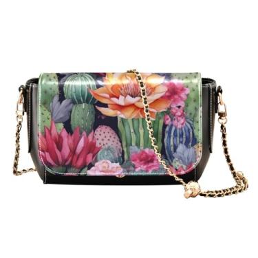 Imagem de Bolsa transversal com alça ajustável floral e girassol, bolsas transversais de couro para mulheres, média, Aquarela floral com cacto-11, One Size