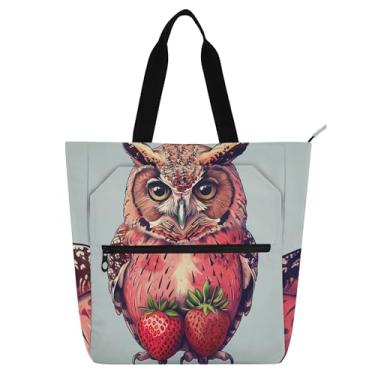 Imagem de GAIGEO Bolsas de trabalho engraçadas de coruja de morango para mulheres, bolsas de lona para professores, faculdade, escola, professores, amantes de livros