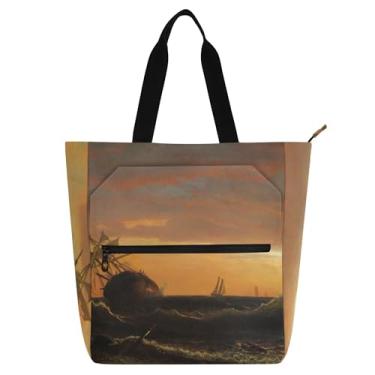 Imagem de GAIGEO Sacolas femininas Albert Bierstadt com estampa de navio encalhado para trabalho, lona, praia, livros, zíper, presente para professores, bolsas para amantes de livros