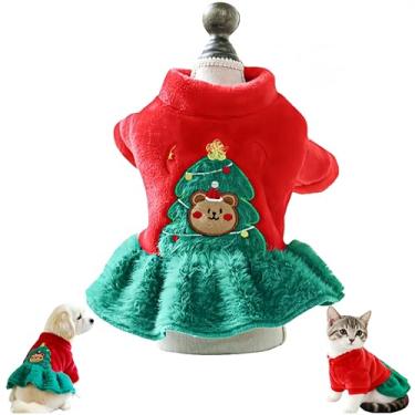 Imagem de Saia de lã de Natal para animais de estimação – Padrão de rena, roupa de férias vermelha para cães e gatos, roupas quentes para animais de estimação de inverno (Médio, saia de rena)