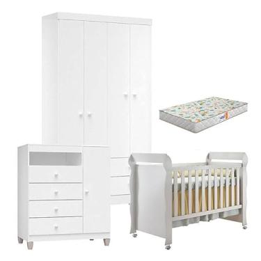 Imagem de Quarto de Bebê 4 Portas Ternura Baby com Berço Mirelle Branco Brilho com Colchão Gazin - Incorplac