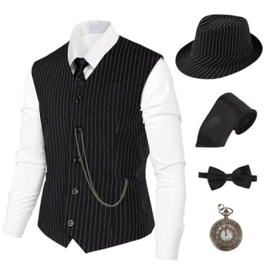 Imagem de Fantasia masculina anos 20, fantasia masculina dos anos 20, conjunto de acessórios, fantasia Gatsby Gangster, roupas masculinas dos anos 20, chapéu, colete, relógio de bolso, gravata borboleta BL1XL