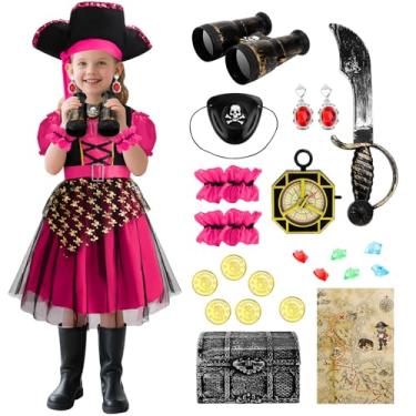 Imagem de deAO Fantasia de pirata para meninas, conjunto de fantasia de Halloween com vestido, chapéu, telescópio, mapa, dramatização, fantasia para festa de aniversário infantil
