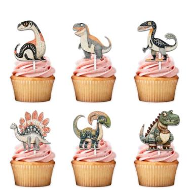 Imagem de 18 peças com glitter fofo rugido dinossauro cupcake Topper Cheer to Dino Animals tema aniversário decoração de festa escolhas para menino menina feliz aniversário lembrancinha conjunto de suprimentos