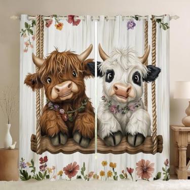 Imagem de Erosebridal Kawaii Cortinas de vaca Highland, tratamentos de janela isolados de madeira de gado para crianças, meninos, meninas, tratamentos de janela de casa de fazenda, cortinas de janela de animais