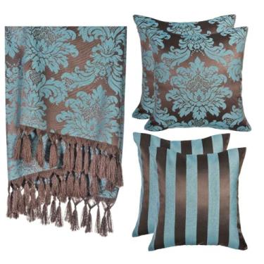 Imagem de Kit Manta para Sofá Jacquard 1.8x1.4m + 4 Capas de Almofada 45x45cm - Conjunto Protetor e Decorativo com Franjas Artesanais(Marrom e Turquesa 225)